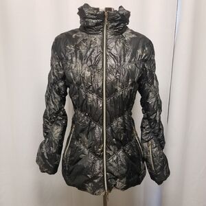 MDC Doris Pfister Puffer Jacket Paris Print Twisted sleeve Metallic Womans Sz 6